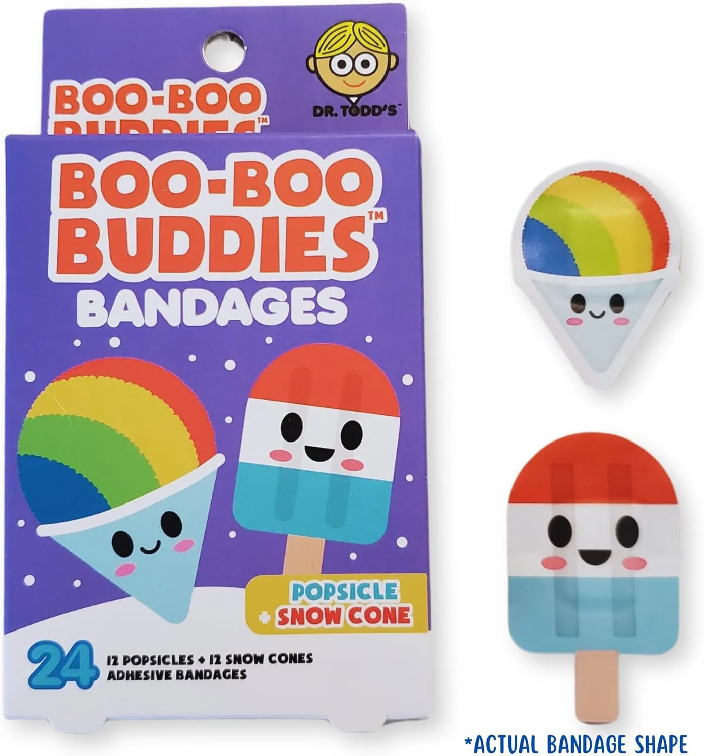 Boo Boo Buddies Kids Adhesive Bandages, Kids Self-Adhesive Sterile Bandages Pack for Toddler Girls & Boys, Adults First Aid, Protect Scrapes and Cuts | 24 Pcs (Popsicle   Snow Cone)