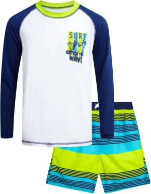 Boys Rash Guard Swimsuit Set - Kids Long Sleeve Bathing Suit Swimwear Sets (Sizes: 5-12)