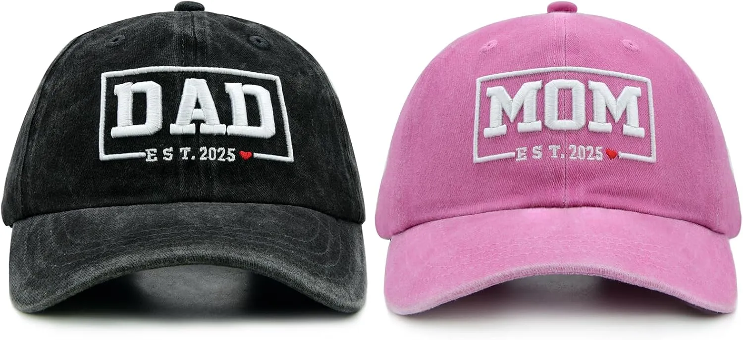 Funny Mom and Dad Est 2025 Hats, Gifts for New Parents, New Mom and Dad Hats, 3D Embroidered Adjustable Baseball Cap