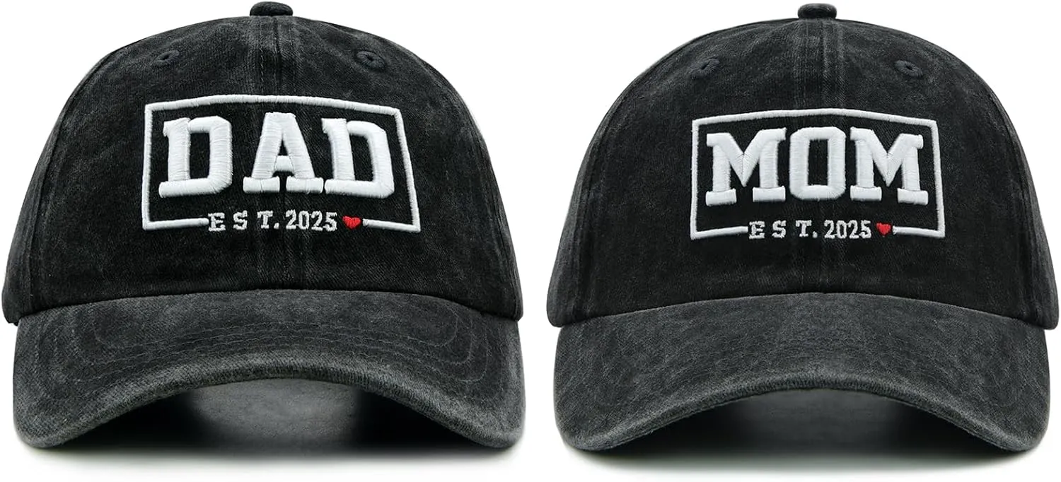 Funny Mom and Dad Est 2025 Hats, Gifts for New Parents, New Mom and Dad Hats, 3D Embroidered Adjustable Baseball Cap