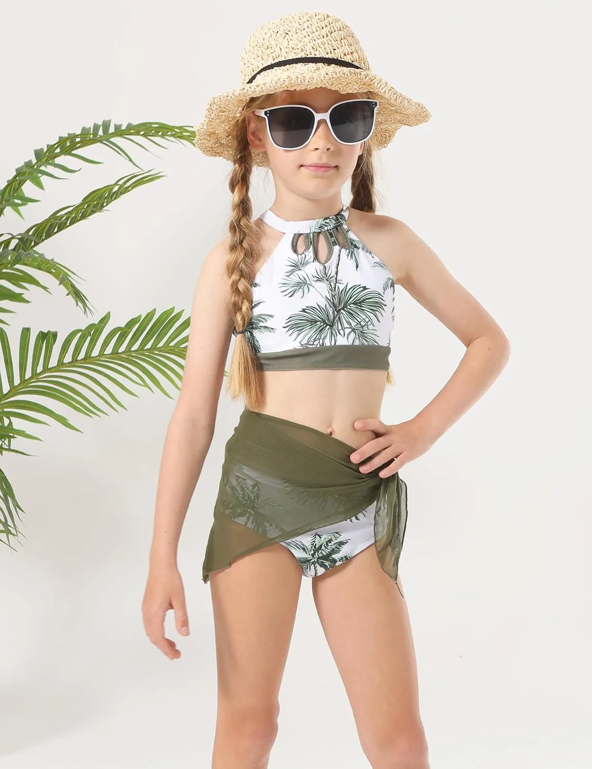 Girls' 3 Piece Swimsuit Bikini Set with Cover Up Skirt Boho Floral Bathing Suit for Beach Pool 7-16 Years