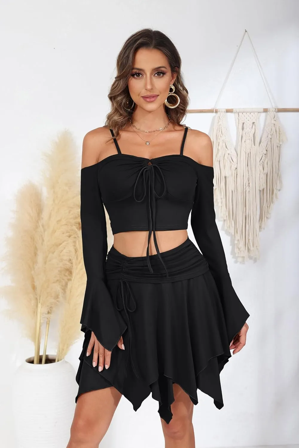 Ophestin Womens Y2K Fairy Dress Off Shoulder Handkerchief 2 Piece Skirts Set Fairycore Halloween Dress
