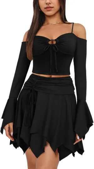 Ophestin Womens Y2K Fairy Dress Off Shoulder Handkerchief 2 Piece Skirts Set Fairycore Halloween Dress