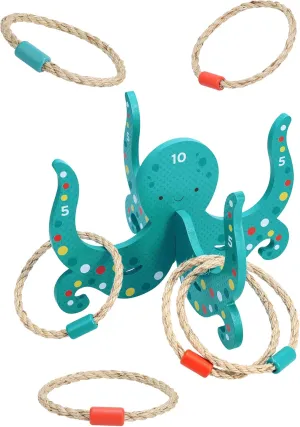 Petit Collage: Happy Octopus Wooden Hoopla - Wooden Carnival Ring Toss Game with Rope Rings - Perfect for Indoor or Outdoor Play - Great Birthday Party Activity or Gift for Kids Ages 3 