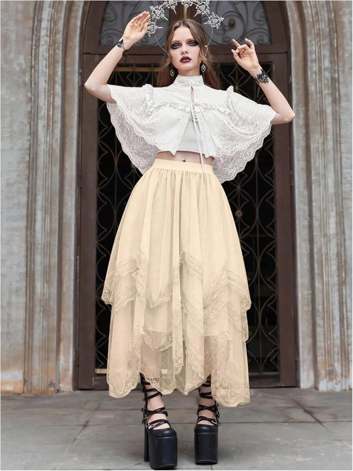 SHENHE Women's Lace Trim Layered Mesh Tulle Skirt High Waist Asymmetrical Long Goth Skirt