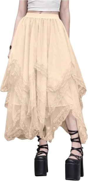 SHENHE Women's Lace Trim Layered Mesh Tulle Skirt High Waist Asymmetrical Long Goth Skirt