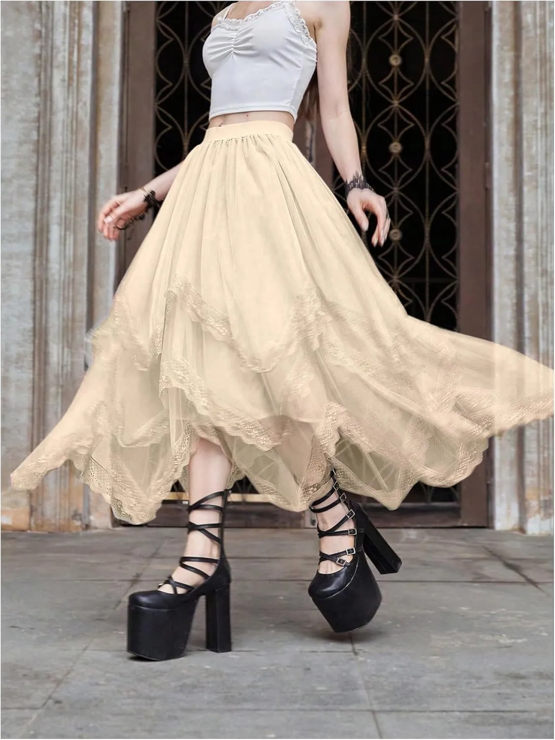 SHENHE Women's Lace Trim Layered Mesh Tulle Skirt High Waist Asymmetrical Long Goth Skirt