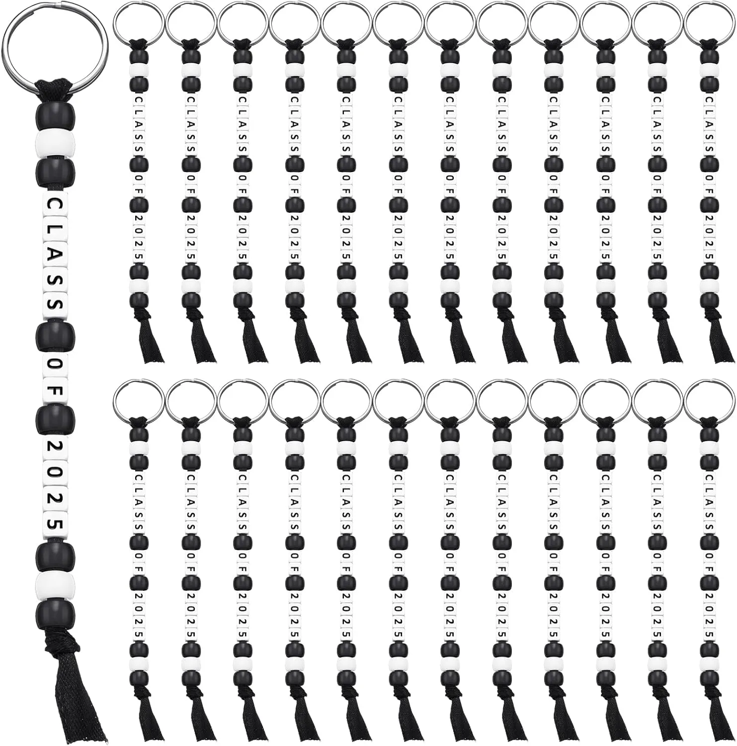 Sureio 24 Pcs Class of 2025 End of Year Gifts Graduation Trinkets Bulk Grad Keychain Graduation Party Favors Congrat for Prom(Black and White)