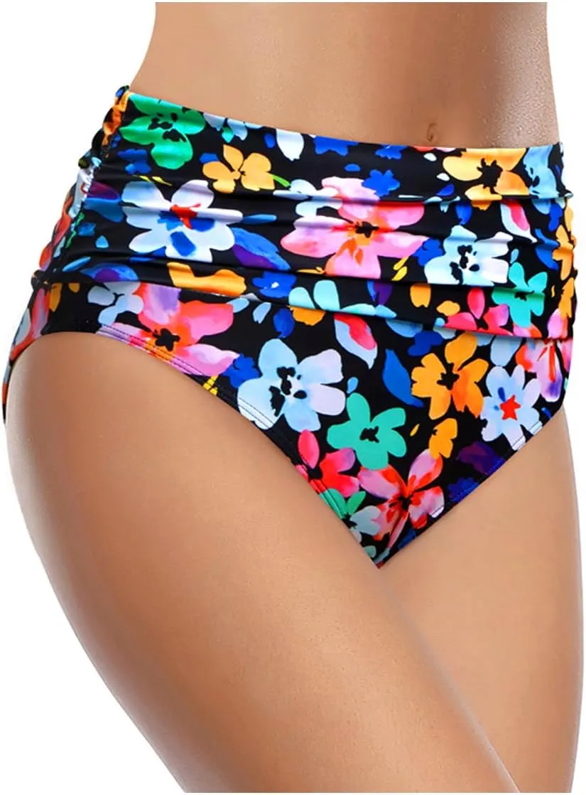 Tempt Me Women's High Waisted Bikini Bottom Tummy Control Ruched Bathing Suit Swim Bottom