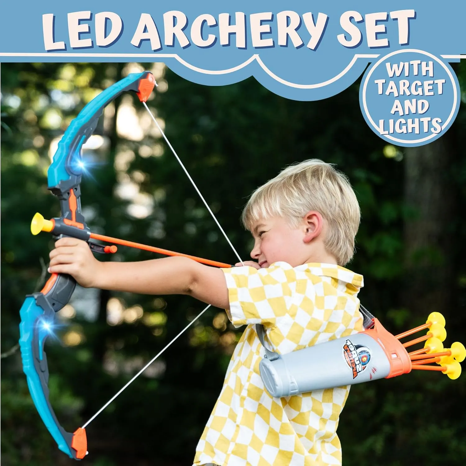 ToyVelt Kids Bow and Arrow Set - Light-Up Archery Set with 10 Suction Arrows, Target and Quiver - Outdoor and Indoor Toy for Boys and Girls Ages 4-12 (Blue)