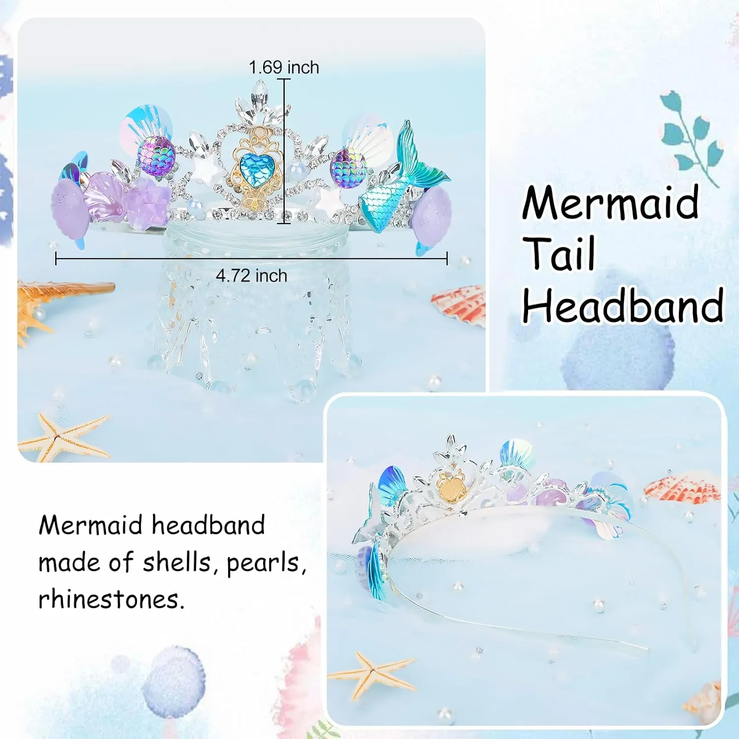 YARIEW Mermaid Crown Hair Accessories: Fish Scales, Seashell Headband Tiara for Women, Girls - Costume, Birthday Party, Halloween, Prom Gifts